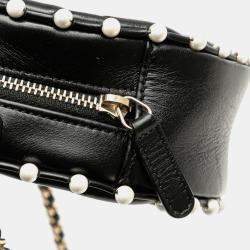 Chanel Black Quilted Calfskin Pearl Studded Round Clutch with Chain