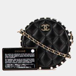 Chanel Black Quilted Calfskin Pearl Studded Round Clutch with Chain