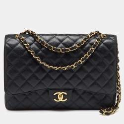 Pre Owned Chanel Black Quilted Caviar Leather Maxi Classic Double Flap Bag