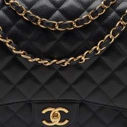 Pre Owned Chanel Black Quilted Caviar Leather Maxi Classic Double Flap Bag