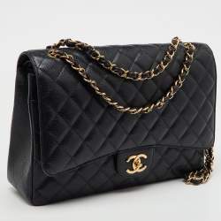 Pre Owned Chanel Black Quilted Caviar Leather Maxi Classic Double Flap Bag