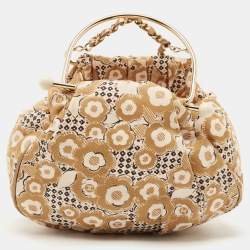 Chanel Beige Camellia Print Canvas CC Metal Handle Hobo