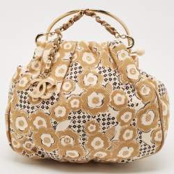 Chanel Beige Camellia Print Canvas CC Metal Handle Hobo
