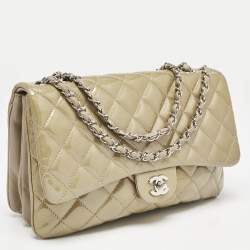 Chanel Olive Green Quilted Patent Leather Triple Compartment Flap Bag 