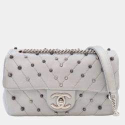 Chanel Silver Lambskin Chevron Mini Rectangular Stud Wars Flap Bag