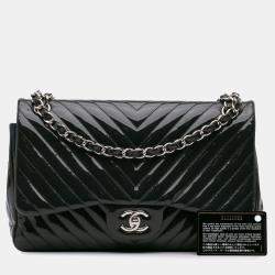 Chanel Navy Blue Jumbo Classic Chevron Patent Double Flap Bag