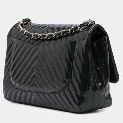 Chanel Navy Blue Jumbo Classic Chevron Patent Double Flap Bag