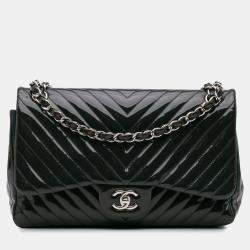 Chanel Navy Blue Jumbo Classic Chevron Patent Double Flap Bag