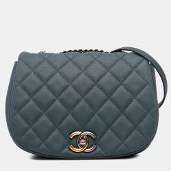 Pre Owned Chanel Navy Blue Small Quilted Caviar Casual Pocket Flap Bag