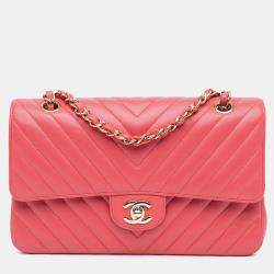 Pre Owned Chanel Pink Medium Classic Chevron Lambskin Double Flap Bag