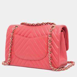 Pre Owned Chanel Pink Medium Classic Chevron Lambskin Double Flap Bag