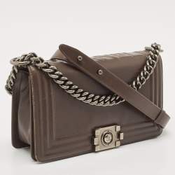 Pre Owned Chanel Dark Beige Glazed Leather Medium Boy Flap Bag