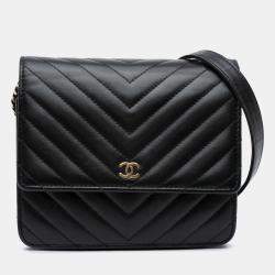 Chanel Black CC Chevron Lambskin Square Wallet On Chain
