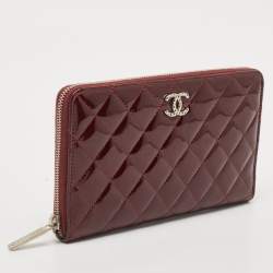 Pre Owned Chanel Burgundy Quilted Patent Leather Zip Around Wallet Organizer