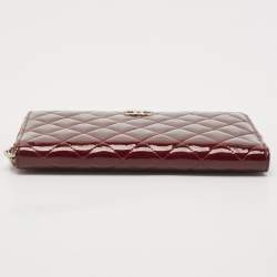 Pre Owned Chanel Burgundy Quilted Patent Leather Zip Around Wallet Organizer
