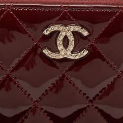 Pre Owned Chanel Burgundy Quilted Patent Leather Zip Around Wallet Organizer