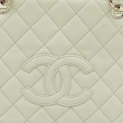 Pre Owned Chanel Off White Quilted Caviar Leather Petite Timeless Shopper Tote Bag