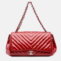 Chanel Red CC Chevron Patent Accordion Single Flap