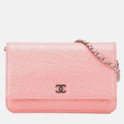 Chanel Pink Embossed Lambskin Camellia Wallet On Chain