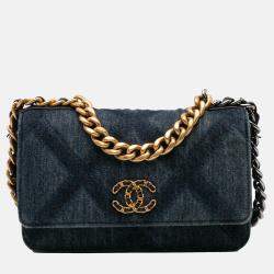Chanel Blue Denim Stitched 19 Flap Wallet On Chain