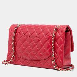 Pre Owned Chanel Red Medium Classic Lambskin Double Flap