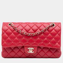Pre Owned Chanel Red Medium Classic Lambskin Double Flap