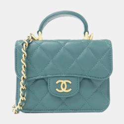 Chanel Green Lambskin Leather Top Handle Clutch Bag 