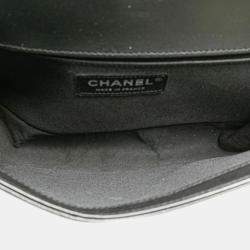 Pre Owned Chanel Black Silver Lambskin Patent Leather Chevron Boy Shoulder Bag