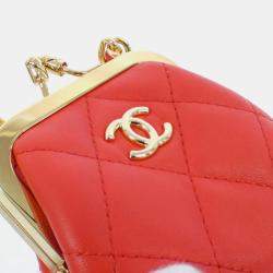 Chanel Red Lambskin Quilted Mini Kiss Lock Clutch With Chain 
