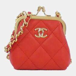 Chanel Red Lambskin Quilted Mini Kiss Lock Clutch With Chain 