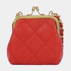 Chanel Red Lambskin Quilted Mini Kiss Lock Clutch With Chain 