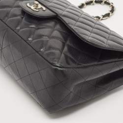 Pre Owned Chanel Black Quilted Caviar Leather Jumbo Classic Single Flap Bag