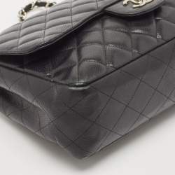 Pre Owned Chanel Black Quilted Caviar Leather Jumbo Classic Single Flap Bag