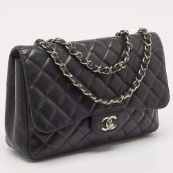 Pre Owned Chanel Black Quilted Caviar Leather Jumbo Classic Single Flap Bag