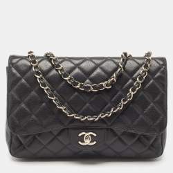Pre Owned Chanel Black Quilted Caviar Leather Jumbo Classic Single Flap Bag