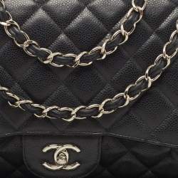 Pre Owned Chanel Black Quilted Caviar Leather Jumbo Classic Single Flap Bag