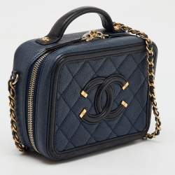Chanel Navy Blue/Black Quilted Caviar Leather Small CC Filigree Vanity Case Bag