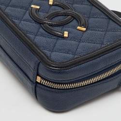 Chanel Navy Blue/Black Quilted Caviar Leather Small CC Filigree Vanity Case Bag