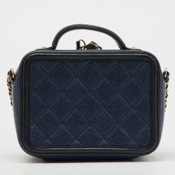 Chanel Navy Blue/Black Quilted Caviar Leather Small CC Filigree Vanity Case Bag