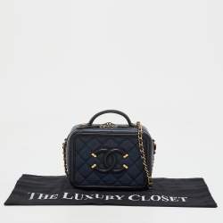 Chanel Navy Blue/Black Quilted Caviar Leather Small CC Filigree Vanity Case Bag