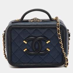 Chanel Navy Blue/Black Quilted Caviar Leather Small CC Filigree Vanity Case Bag
