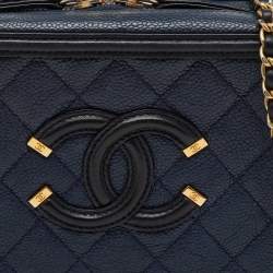 Chanel Navy Blue/Black Quilted Caviar Leather Small CC Filigree Vanity Case Bag