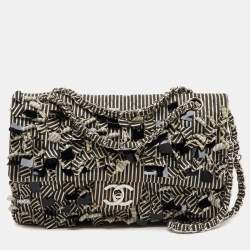 Chanel Black/White Stripe Fabric and Sequin Medium Classic Double Flap Bag