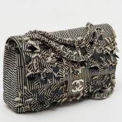 Chanel Black/White Stripe Fabric and Sequin Medium Classic Double Flap Bag