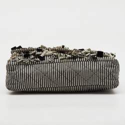 Chanel Black/White Stripe Fabric and Sequin Medium Classic Double Flap Bag