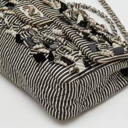 Chanel Black/White Stripe Fabric and Sequin Medium Classic Double Flap Bag