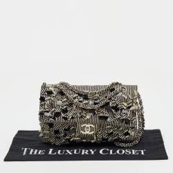 Chanel Black/White Stripe Fabric and Sequin Medium Classic Double Flap Bag