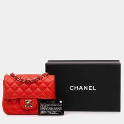 Pre Owned Chanel Red Mini Square Classic Lambskin Single Flap