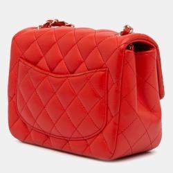 Pre Owned Chanel Red Mini Square Classic Lambskin Single Flap