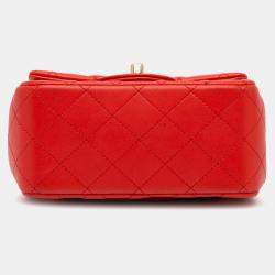 Pre Owned Chanel Red Mini Square Classic Lambskin Single Flap